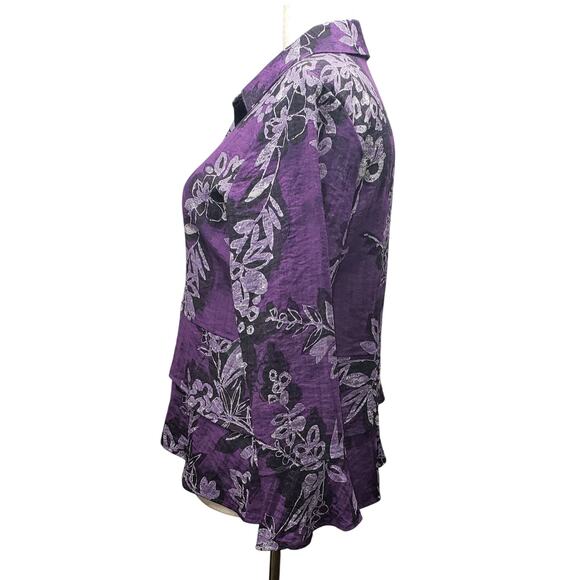 Habit Purple Floral Peplum Blouse M – BohoCore Romantic Ruffle Button Top - Picture 4 of 12